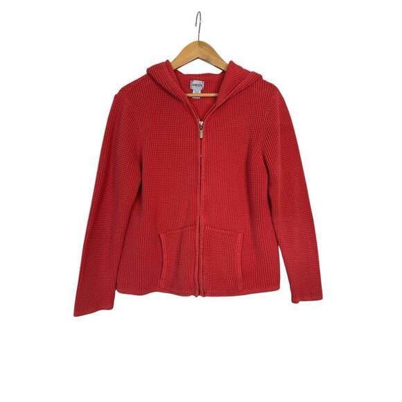 Chicos Women's Thermal Waffle Knit Hoodie Zip Up Cardigan Sweater Size M Orange - Picture 1 of 7
